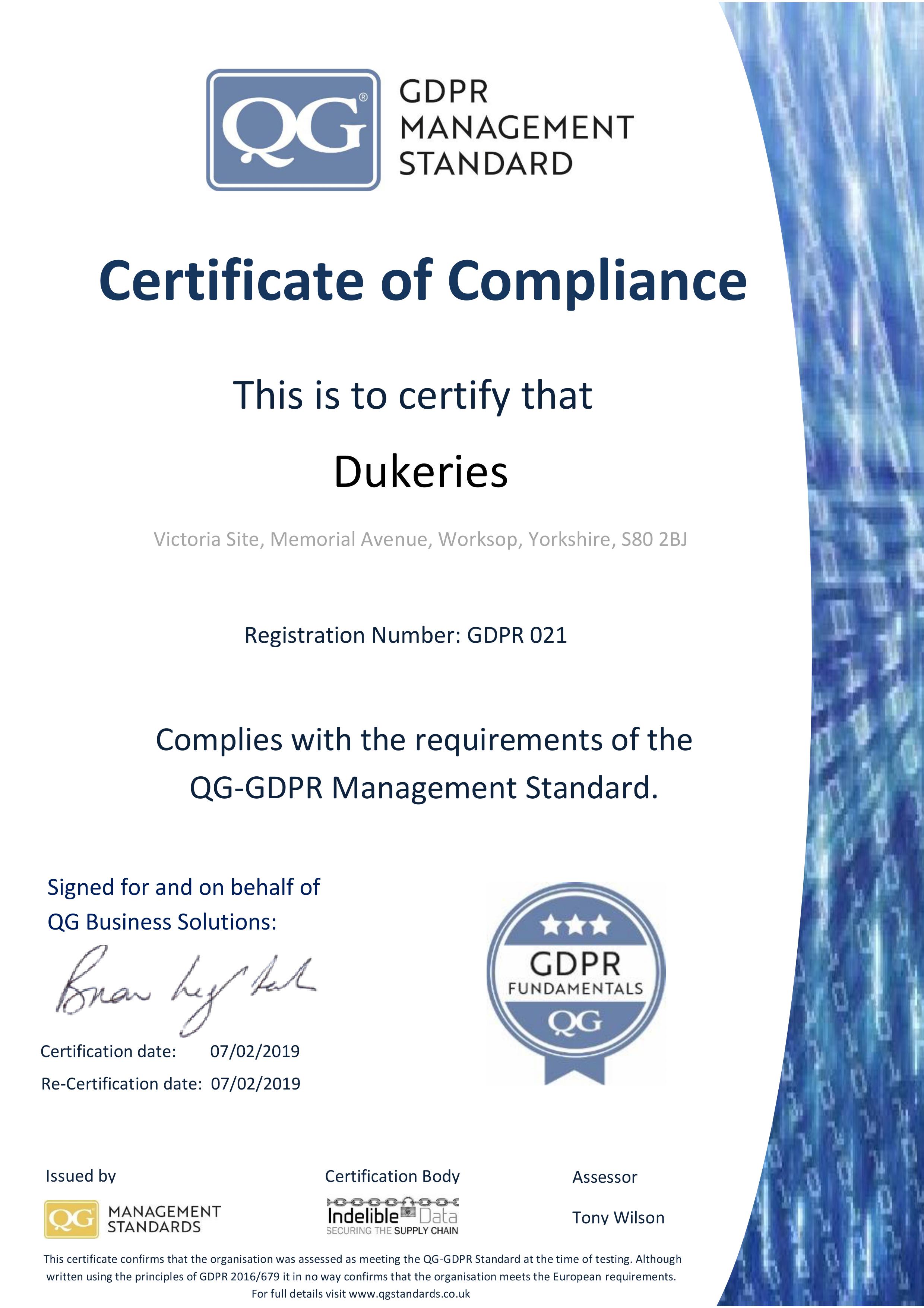 19 20 GDPR Certificate QG Management Standards